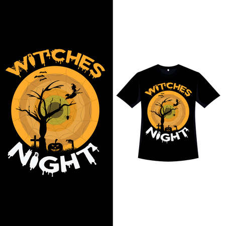 Halloween retro color T-shirt design with a dead tree silhouette. Halloween fashion wear design with spider web, flying witch, and dead tree. Scary vintage color T-shirt design for Halloween event.のイラスト素材