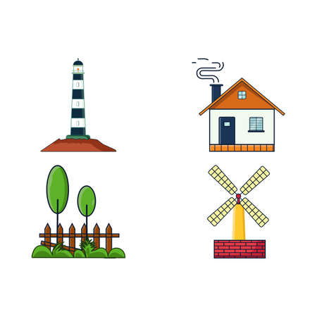House elements simple vector design on a white background. Multiple shape elements with sofa, house, windmill, lighthouse, etc. Collection of multiple landscape designs.のイラスト素材