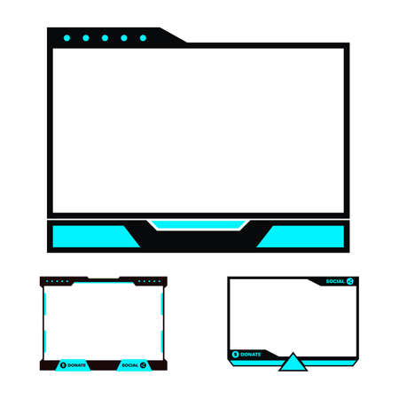 Gaming overlay design for live streamers. Black and cyan color live overlay frame design for gamers. Collection of three stylish gaming overlay frame designs.のイラスト素材