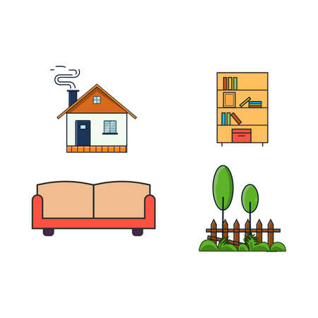 House elements simple vector design on a white background. Multiple shape elements with sofa, house, bookshelf, etc. Collection of multiple landscape designs.のイラスト素材