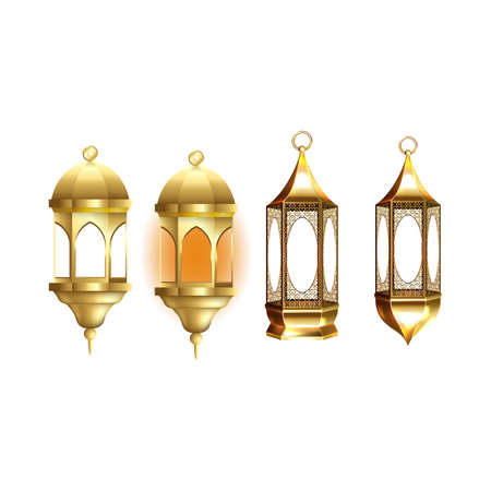 Muslim ornamental lamps hanging on chainlets. Gold, bronze, black metal oriental lanterns vector design on a white background. Bundle of four isolated lamps on transparent background.の写真素材