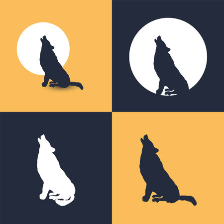 Wolf howling vector illustration with moon. Scary wildlife wolf howling design on a yellow and black background. Collection of four wolf howling vector design.のイラスト素材