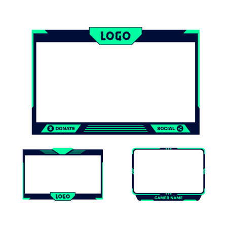 Gaming overlay stylish design for live streamers. Green and black color overlay frame design for gamers. Collection of three stylish gaming overlay frame designs.のイラスト素材