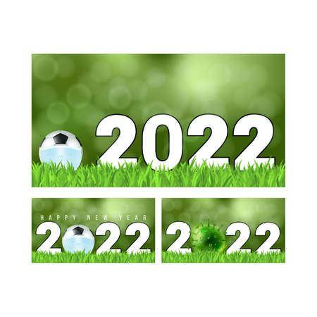 2022 happy new year celebration greeting card design. Happy new year 2022 number vector design with face mask and football. Number typography design collection for 2022 happy new year.の写真素材