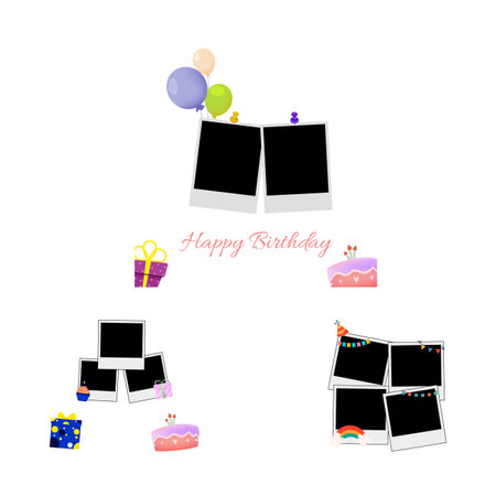 Happy birthday, party vintage frame collection vector design. Happy birthday photo frame vector design with black space. Collection of birthday photo frame with party elements vector illustration.のイラスト素材