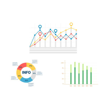 Pie charts and diagrams design vector illustration. Multicolor graphical infographic, rising and falling with percentages data financial analytic marketing info chart.のイラスト素材