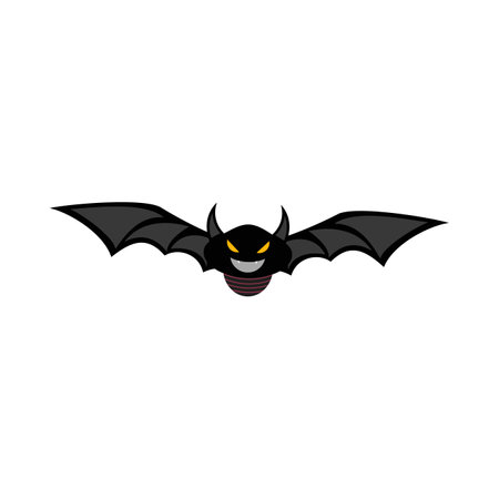 Halloween devil black bat design vector illustration. Black bat design with yellow and wood color shade. Halloween party elements design with a black scary evil bat.のイラスト素材