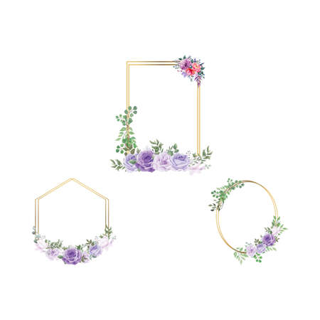Frame design for wedding concepts on a white background. Beautiful photo frame design with flowers and golden borders. Couple photo frame design collection.の写真素材