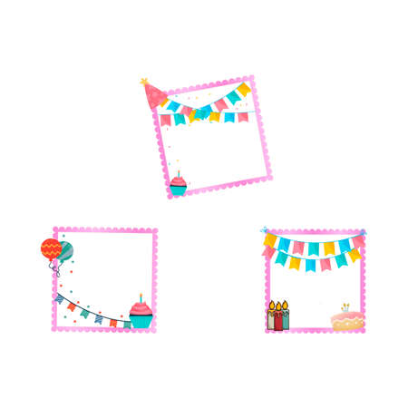 Happy birthday, photo frame design vector illustration. Photo frame with cakes, gifts, and other party elements. Collection of isolated photo frames for the birthday wishes.のイラスト素材