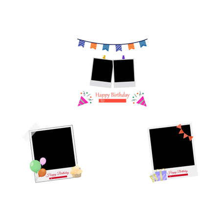 Collection of isolated vintage photo frames for the birthday wishes. Happy birthday, photo frame design vector illustration. Photo frame with cakes, gifts, and other party elements.のイラスト素材