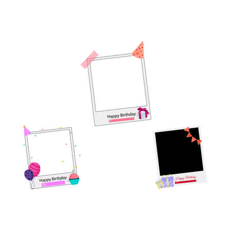 Photo frame design vector illustration. Photo frame with cakes, gifts, and other party elements. Collection of isolated vintage photo frames for the birthday wishes.のイラスト素材