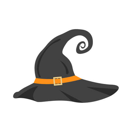 Halloween black witch hat design vector illustration. Black hat design with black and golden color shade. Halloween party elements design with a black scary bat.のイラスト素材
