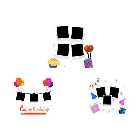 Photo frame with cakes, gifts, and other party elements. Happy birthday, photo frame design vector illustration. Collection of isolated vintage photo frames for the birthday wishes.のイラスト素材
