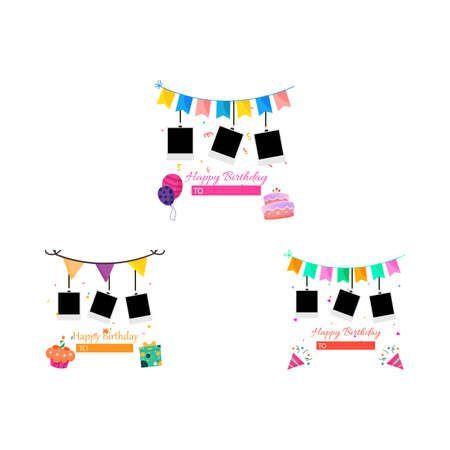 Happy birthday, photo frame design vector illustration. Photo frame with cakes, gifts, and other party elements. Collection of isolated vintage photo frames for the birthday wishes.のイラスト素材
