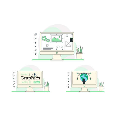 World graphics day vector illustration on a white background. Graphics day celebration with the pen tool design and computer monitor.のイラスト素材