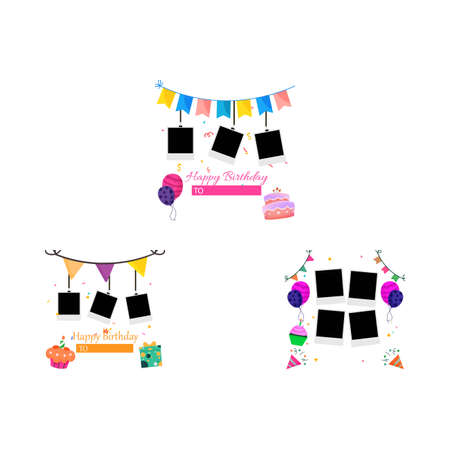 Frame design vector illustration. Photo frame with cakes, gifts, and other party elements. Collection of isolated vintage photo frames for the birthday wishes.のイラスト素材