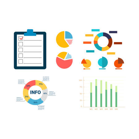 Charts and diagrams design vector illustration. Multicolor graphical infographic, rising and falling with percentages data financial analytic marketing info chart.のイラスト素材