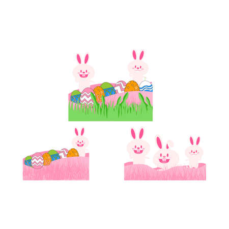 Happy Easter bunny vector design on a white background. Easter bunny design with pink color shade and Easter eggs. Collection of Happy Easter bunny elements.のイラスト素材
