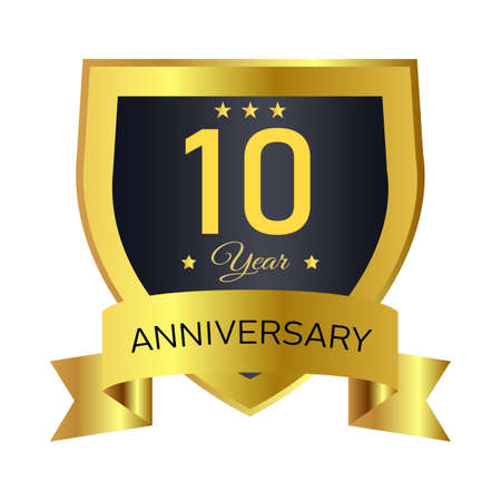 Anniversary royal badge design with a shield shape.Anniversary badge design with golden gradient color. Golden and Black badge design with ribbon vector illustration.のイラスト素材