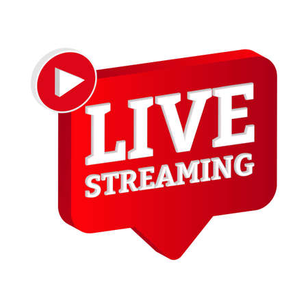 Live streaming 3D icon design for the broadcast system. Stylish live streaming icon with red color shade. Simple 3D red and white television or social media lower third button design.のイラスト素材