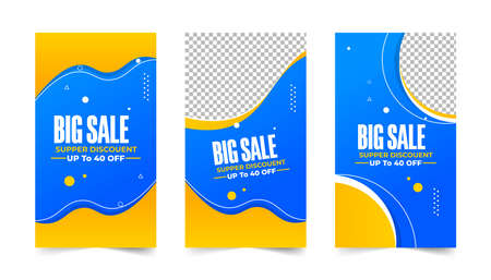 Big sales offer banner designs on a white background. Big sale banner design with blue and yellow color for business purposes. Super Shop offers design collection.のイラスト素材