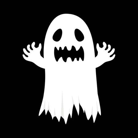 Halloween scary white ghost design on a black background. Ghost with abstract shape design. Halloween white ghost party element vector illustration. Ghost vector with a scary face.のイラスト素材