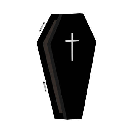 Halloween black burial coffin design on a white background. Coffin with isolated shape design. Halloween burial coffin party element vector illustration. Coffin vector with a Christian cross symbol.のイラスト素材