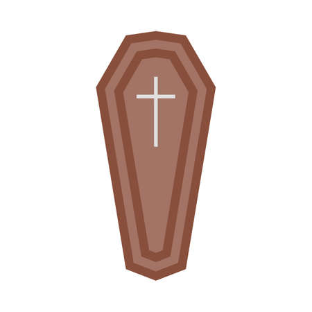 Halloween burial coffin design on a white background. Coffin with isolated shape design. Halloween burial coffin party element vector illustration. Coffin vector with a Christian cross symbol.のイラスト素材