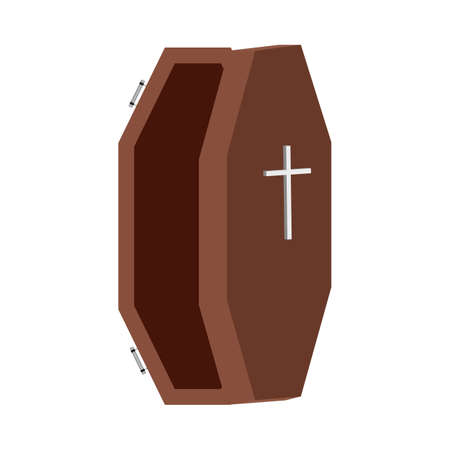 Halloween burial coffin design on a white background. Coffin with isolated shape design. Halloween wood color coffin party element vector illustration. Coffin vector with a Christian cross symbol.のイラスト素材
