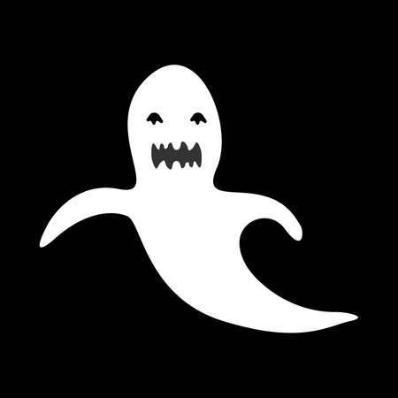 Halloween simple white ghost design on a black background. Ghost with abstract shape design. Halloween white ghost party element vector illustration. Simple ghost vector with a scary face.のイラスト素材