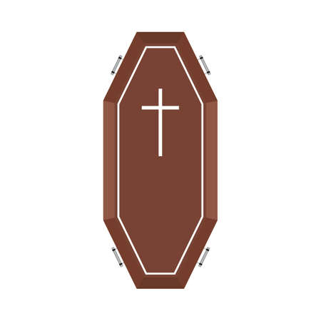 Halloween scary coffin vector design on a white background. Halloween coffin design with wood color shade and Christian cross. Wood color coffin vector illustration for upcoming Halloween event.のイラスト素材