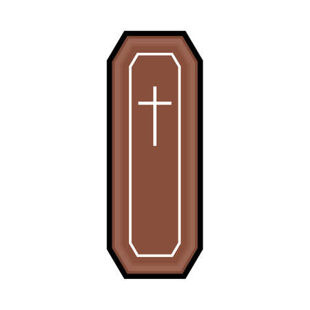 Halloween wood color coffin design on a white background. Coffin with isolated shape design. Halloween burial coffin party element vector illustration. Coffin vector with a Christian cross symbol.のイラスト素材