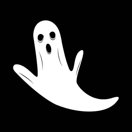Halloween funny white ghost design on a black background. Ghost with abstract shape design. Halloween white ghost party element vector illustration. Ghost vector with a scary face.のイラスト素材
