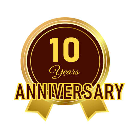10-year Anniversary badge design with golden gradient color. Anniversary royal badge design with a shield shape. Golden and Black badge design with ribbon vector illustration.のイラスト素材