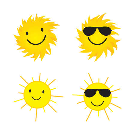 Sun sticker with a round shape and yellow color. Cute-faced sun with smiling face and cool sunglasses. Sunray coming out from sun vector design. Sun vector social media sticker collection.のイラスト素材