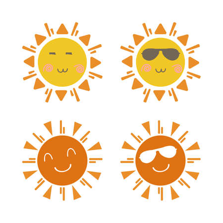 Sun cute sticker with a round shape and yellow and red color. Cute sun with smiling face and cool sunglasses. Sunray coming out from sun vector design. Sun vector social media sticker collection.のイラスト素材