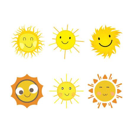 Sun sticker with a round shape and yellow and red color. Cute sun with smiling face and cool sunglasses. Sunray coming out from sun vector design. 6 Sun vector social media sticker collection.のイラスト素材