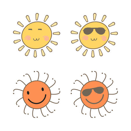 Sun sticker with a round shape and orange, red color. Cute sun with smiling face and cool sunglasses. Sunray coming out from sun vector design. Sun vector social media sticker collection.のイラスト素材