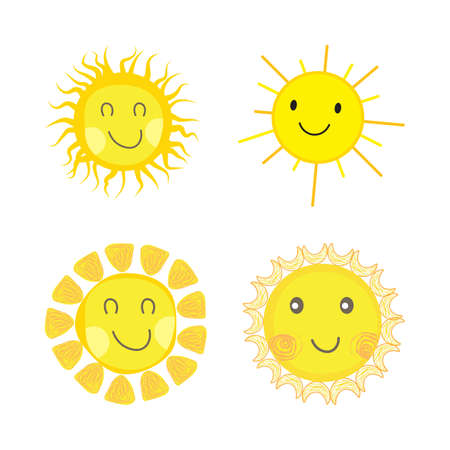 Beautiful Sun sticker with a round shape and yellow, orange color. Cute sun with smiling face. Orange sunray coming out from sun vector design. Sun vector social media sticker collection.の写真素材
