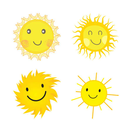 Beautiful sun sticker with a round shape and yellow color. Cute sun with smiling face and cool sunglasses. Sunray coming out from sun vector design. Sun vector social media sticker collection.の写真素材