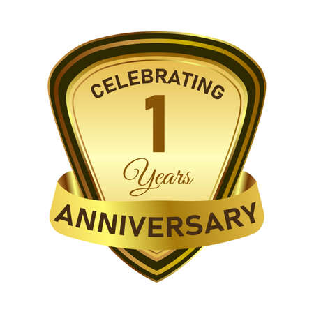 1-year special anniversary badge design with golden gradient color. Anniversary royal badge design with a shield shape. Golden and Black badge design with ribbon vector illustration.のイラスト素材