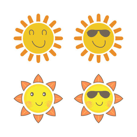Sun sticker with a round shape and yellow color. Cute sun with smiling face and cool sunglasses. Orange color sunray coming out from sun vector design. Sun vector social media sticker collection.のイラスト素材