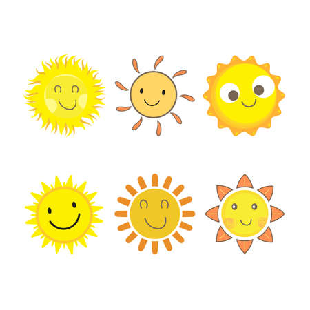 Sun sticker with a round shape and yellow color. Cute sun with smiling face and cool eyes. Sunray coming out from sun vector design. 6 Sun vector social media sticker collection.のイラスト素材