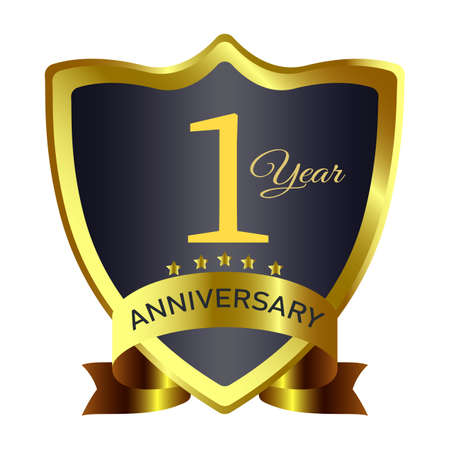 Ten years anniversary badge design with golden gradient color. Anniversary royal badge design with a shield shape and stars. Golden and Black badge design with ribbon vector illustration.の写真素材