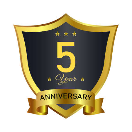 Anniversary badge design with golden gradient color. Anniversary royal badge design with a shield shape. Golden and Black badge design with ribbon vector illustration.のイラスト素材