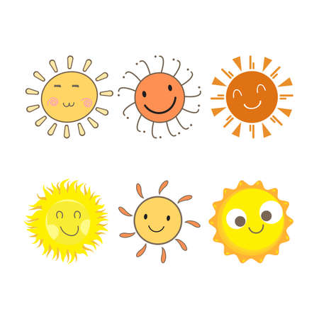 Cute sun sticker with a round shape and yellow color. Cute sun with smiling face. Sunray coming out from sun vector design. 6 Sun vector social media sticker collection.のイラスト素材