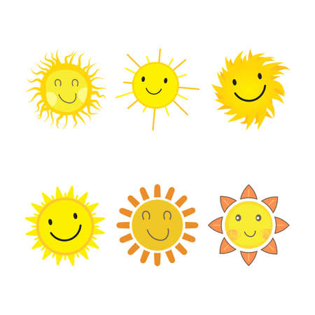 Sun sticker with a round shape and yellow color. Cute sun with smiling face and cool sunglasses. Sunray coming out from sun vector design. 6 Sun vector social media sticker collection.のイラスト素材