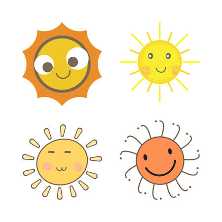 Sunray coming out from sun vector design. Sun sticker with a round shape and yellow color. Cute sun with smiling face and cool sunglasses. Sun vector social media sticker collection.のイラスト素材