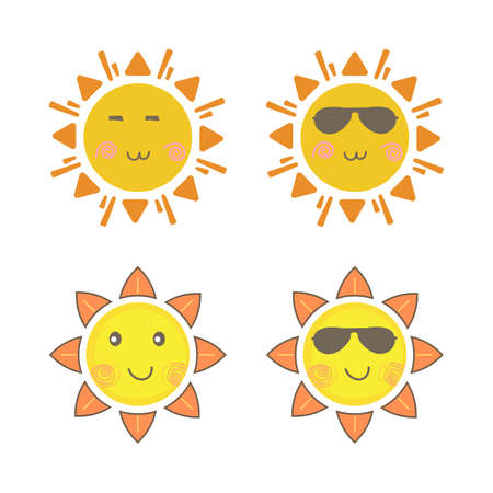 Sun sticker with a round shape and yellow, orange color. Cute sun with smiling face and cool sunglasses. Red sunray coming out from sun vector design. Sun vector social media sticker collection.のイラスト素材