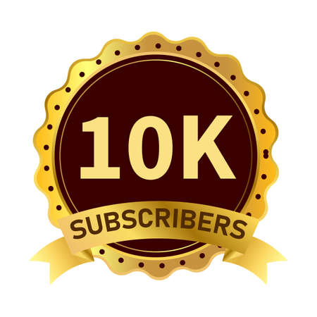 Social media subscriber badge design with golden gradient color. Subscriber royal badge design with a shield shape. Golden and dark badge design with ribbon vector illustration.のイラスト素材